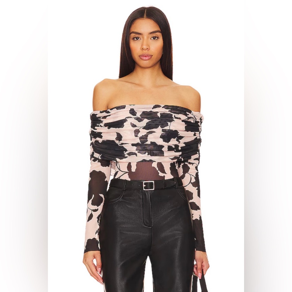 AFRM Maxine Bodysuit Shadow Floral Large Off Shoulder Mesh
